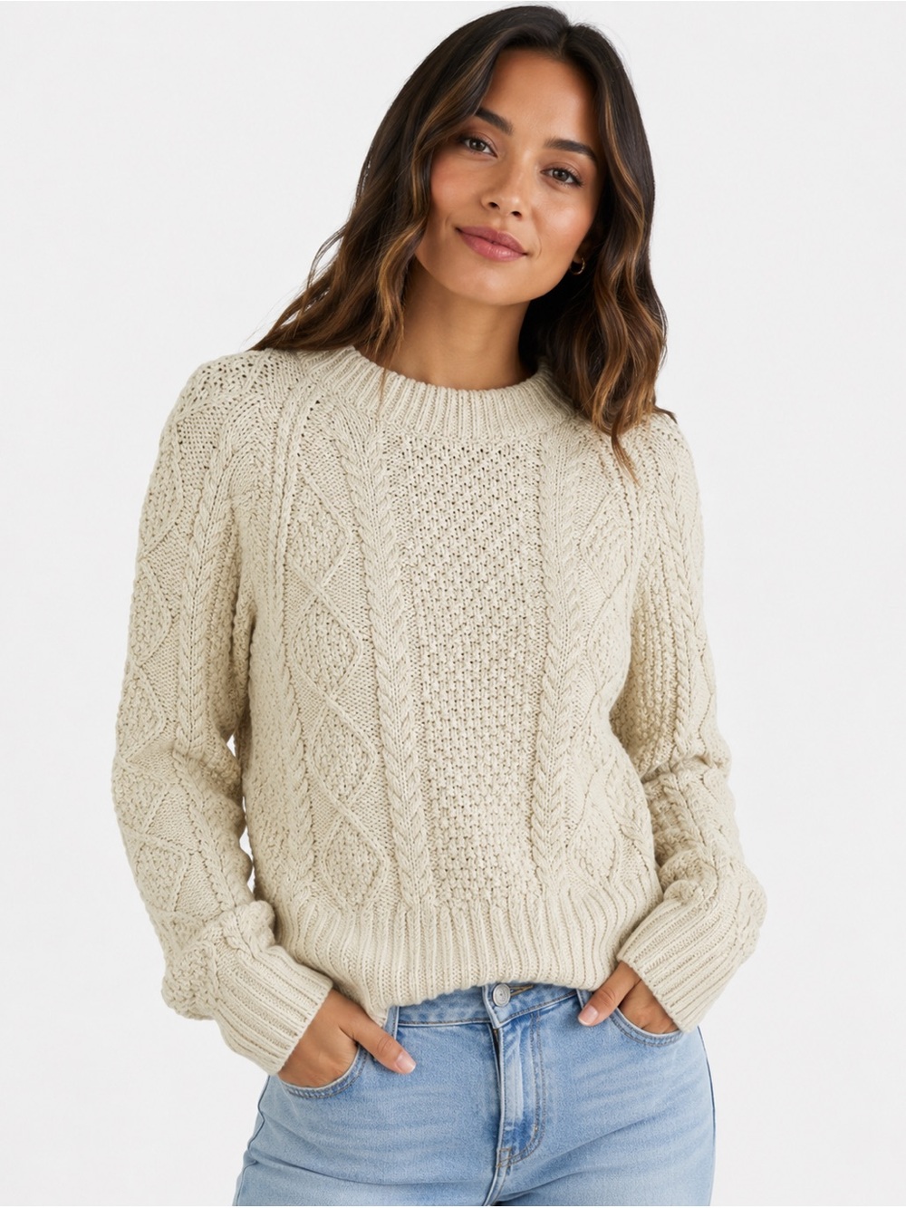 Bean Signature XS Cream Cable Knit 100% Cotton Sweater Cottagecore Preppy